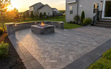 Herringbone paver patio with seating wall and fire pit installed by myYardPros