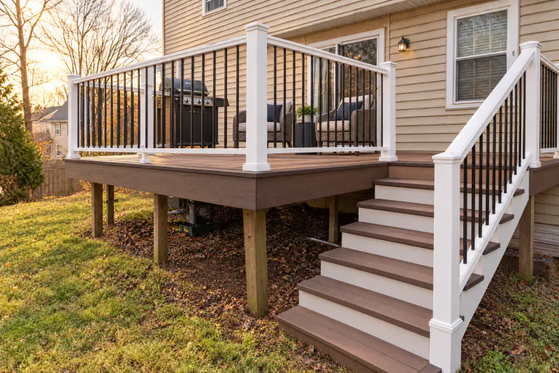 The same deck with new composite boards, railings and stairs on the original frame