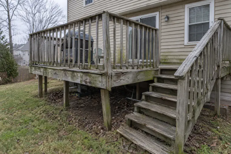 Weathered grey wood deck with splintered boards and a leaning railing