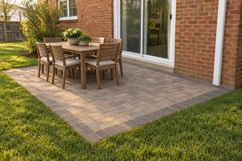 The same spot with a larger paver patio pitched away from the house