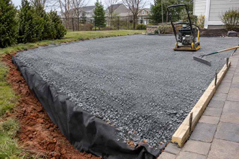 Compacted crushed stone base graded in a backyard with geotextile fabric visible at the edge before turf is laid