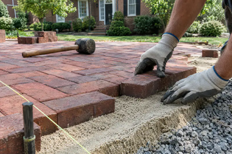 Hands laying fired clay brick pavers in a herringbone pattern on screeded bedding sand