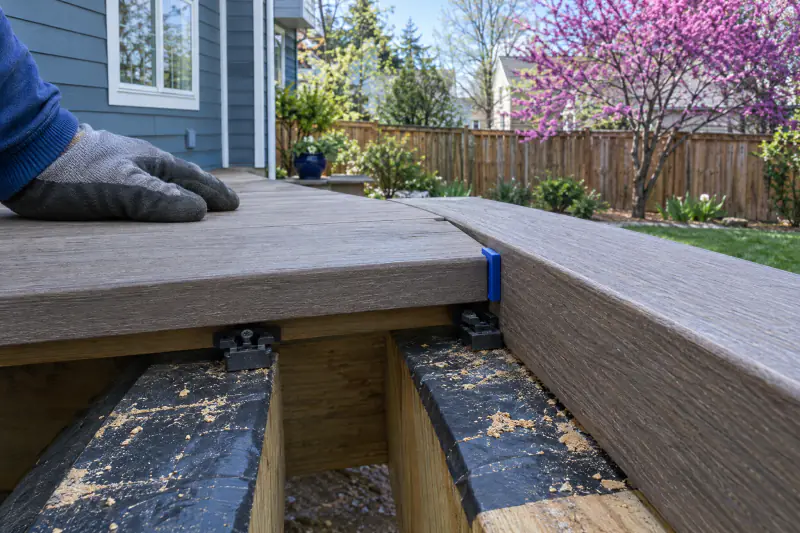 Composite deck boards gapped at a breaker board with a spacing tool during installation on a cool spring day