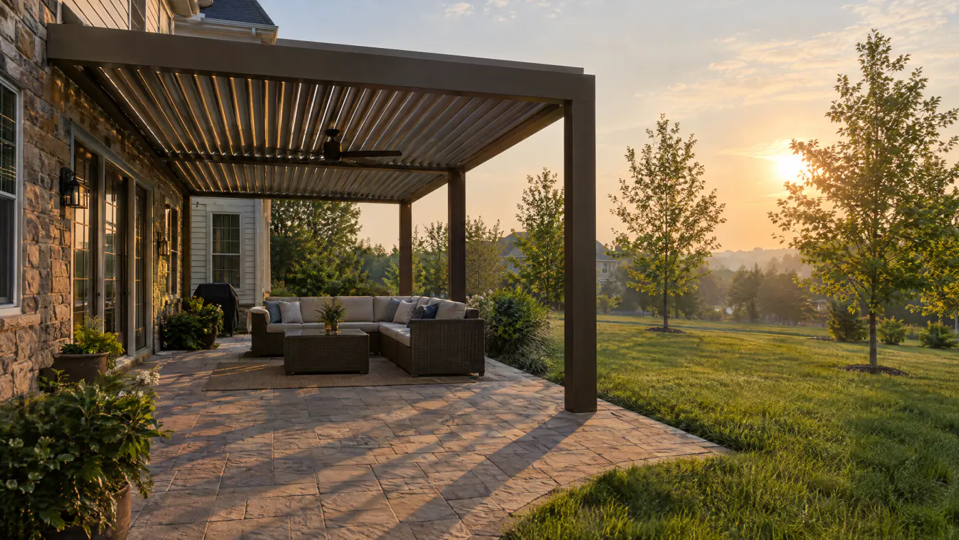 Bronze aluminum louvered pergola with louvers tilted against low western sun over a paver patio behind a Northern Virginia home