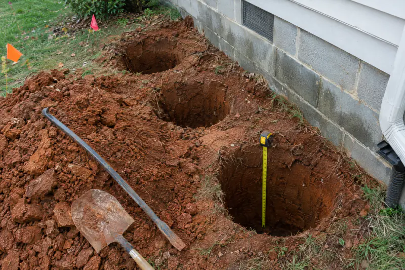Deck footing holes dug through red clay soil beside a house foundation with a tape measure showing depth