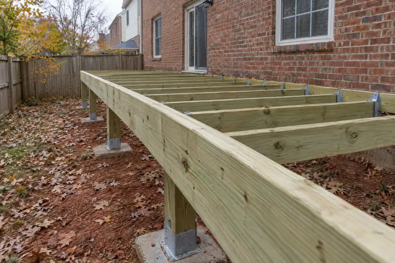Freestanding deck frame on its own posts and beam beside a brick veneer wall of an older Northern Virginia home