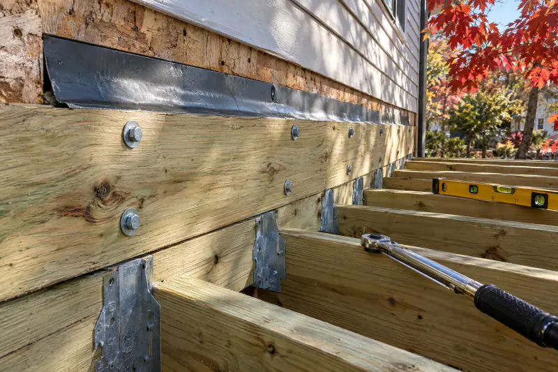 Deck ledger board bolted to a house band board with flashing and staggered through bolts ready for inspection