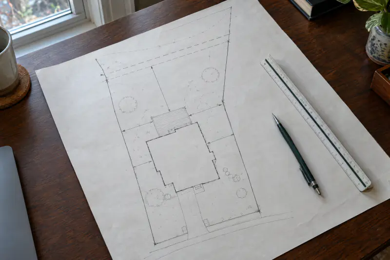 House location plat on a desk with a proposed deck outlined in pencil and setback distances written to the lot lines