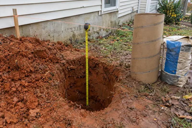 Open deck footing hole dug 24 inches deep in red clay beside a cardboard form tube awaiting a Fairfax County footing inspection