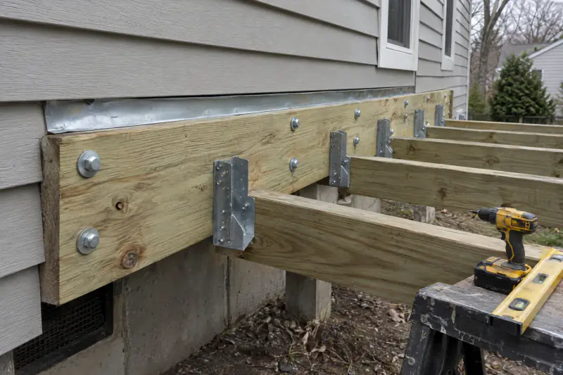 Deck ledger board through-bolted to a house band board with flashing exposed for a Loudoun County inspection