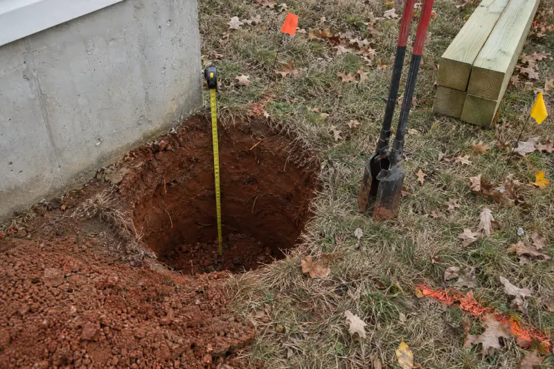 Open deck footing hole with a tape measure showing depth in red clay beside a house foundation in Northern Virginia