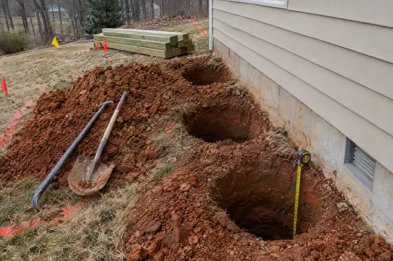 Open deck footing holes with utility marking flags in red clay beside a Northern Virginia house foundation