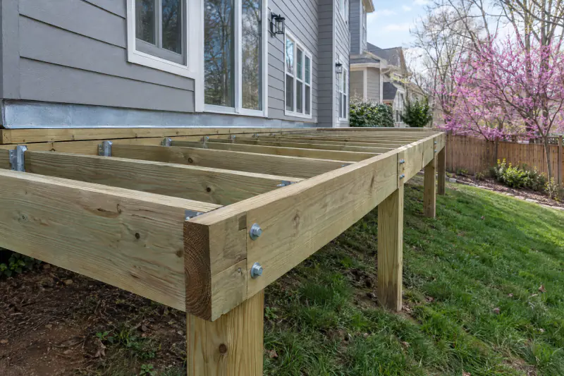 Completed deck frame with ledger flashing and joist hangers waiting for the county framing inspection