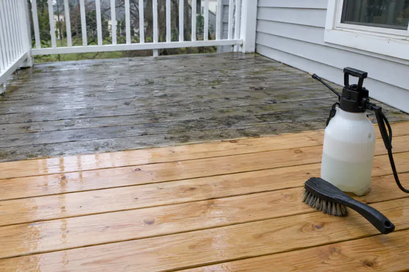 Half of a gray weathered deck floor brightened to pale clean wood beside the untreated half after cleaning