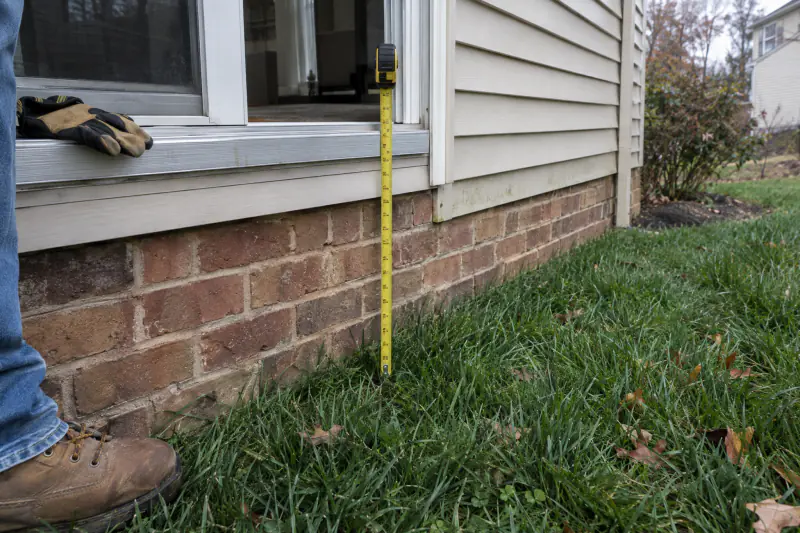 Tape measure held from a back door threshold down to the lawn beside a Northern Virginia home with siding