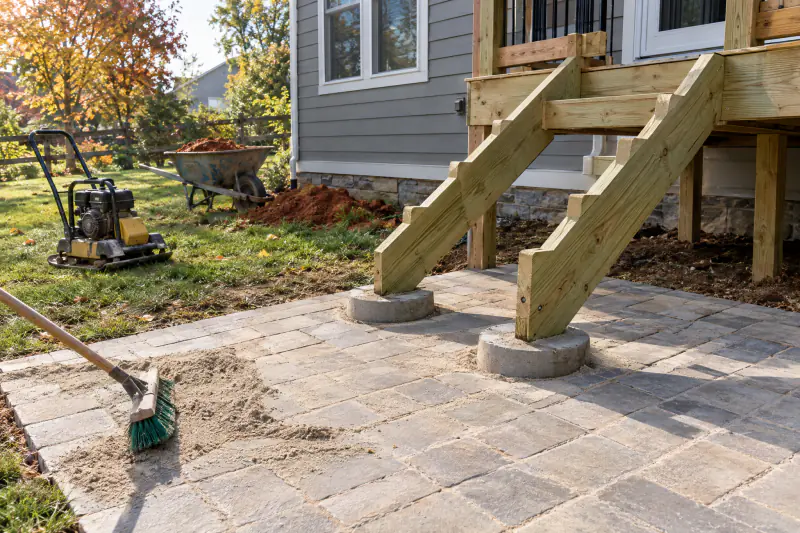 Deck stair stringers bearing on concrete footings at the edge of a new paver patio in a Northern Virginia yard