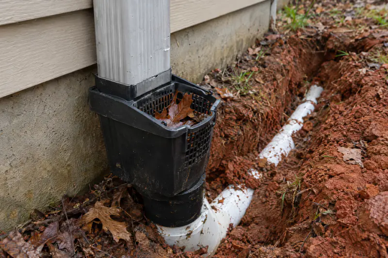 Close view of a downspout adapter with debris filter connecting an aluminum downspout to buried PVC pipe