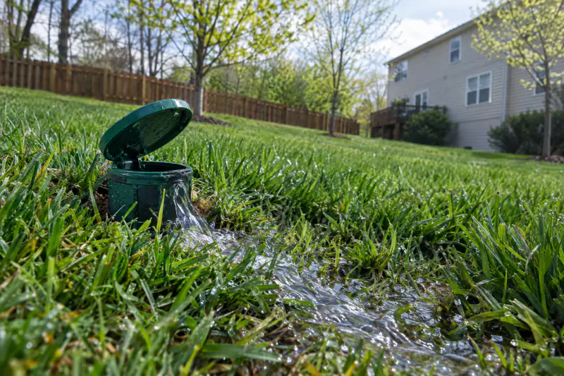 Pop-up drainage emitter lifted open with water flowing out across a green Northern Virginia lawn