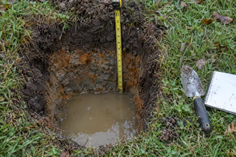 Homeowner perc test hole in a Northern Virginia lawn with a ruler measuring the water level in gray clay