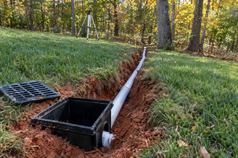Open trench with a catch basin box and solid white PVC pipe running downhill across a Northern Virginia lawn