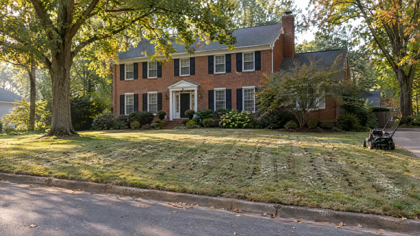 Core aerator plugs and fresh tall fescue seed across a thin lawn in front of a brick colonial in early September