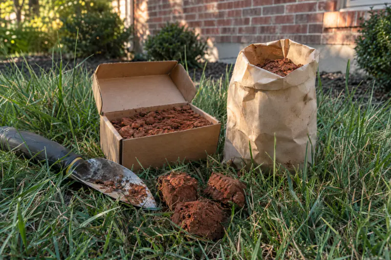Soil test box and sample bag beside a trowel on a Northern Virginia lawn in late summer