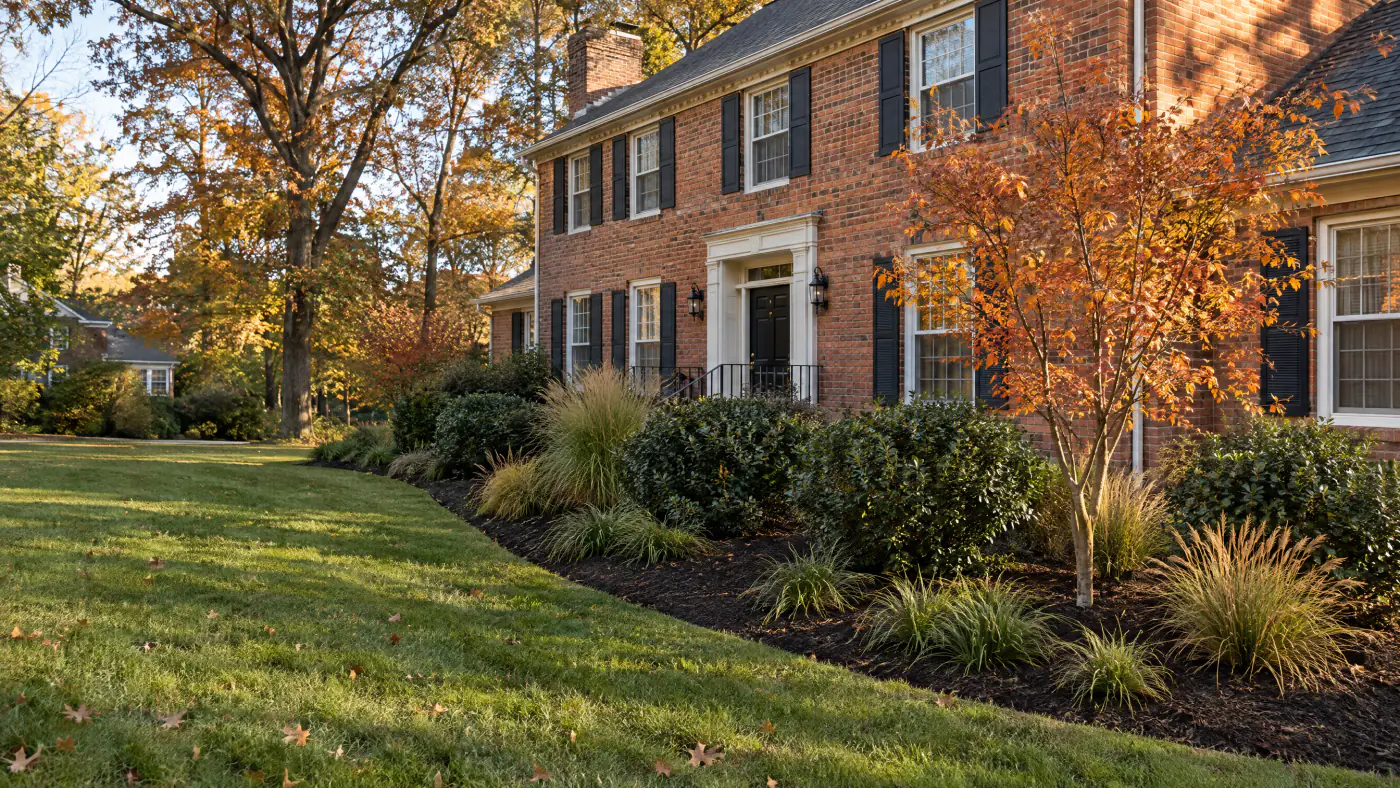 Newly planted fall landscape bed with young trees, shrubs and fresh mulch beside a Northern Virginia brick colonial
