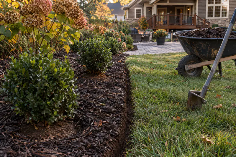 Freshly cut bed edge with shredded hardwood mulch held back from shrub stems in a Northern Virginia back yard