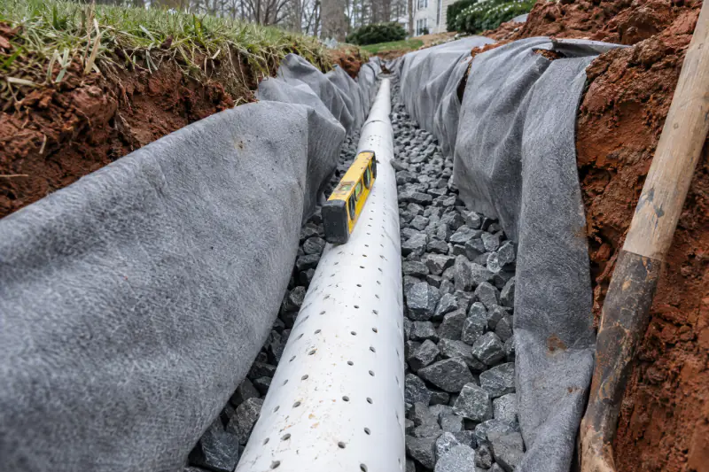 Close view of a four inch perforated pipe on washed stone inside a fabric lined drainage trench in red clay soil