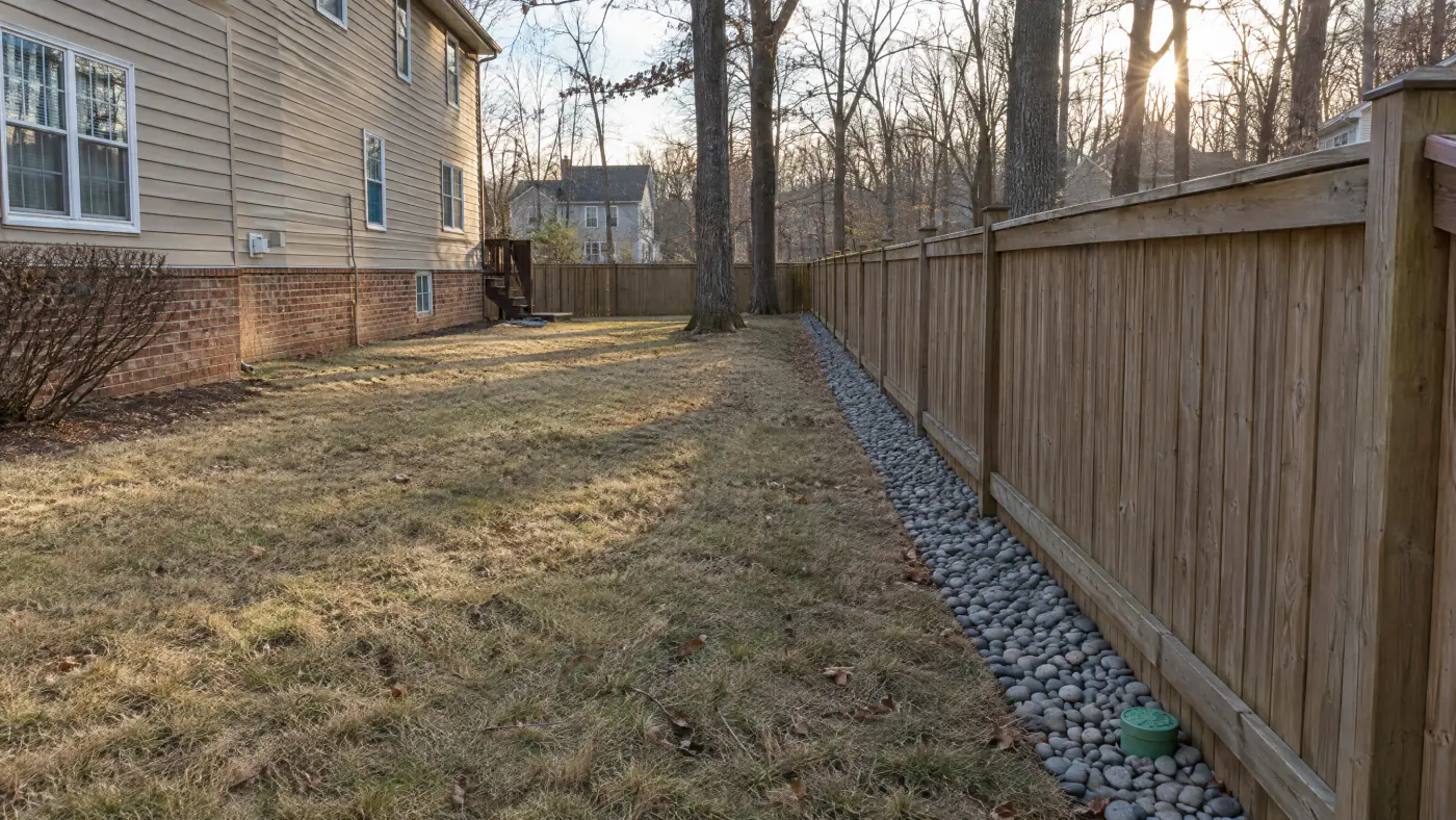 Finished French drain with a band of exposed river stone along a fence line in a Northern Virginia backyard