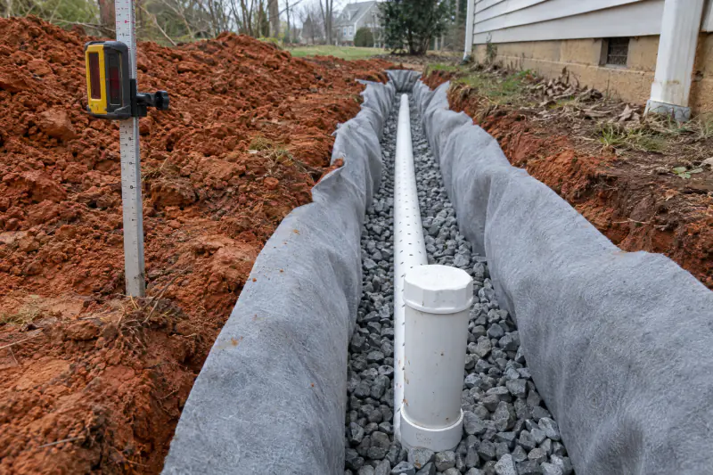 Open French drain trench in red clay showing filter fabric, washed stone bed and a capped cleanout riser