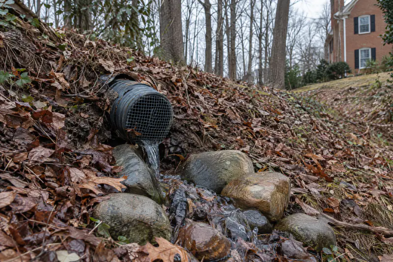 Daylight outlet of a drain pipe with a rodent screen emerging from a wooded slope behind a Northern Virginia home