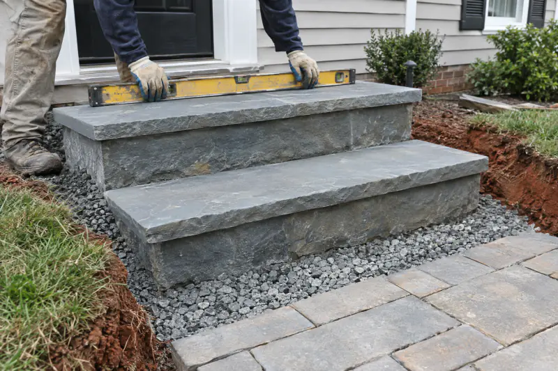 Block front steps with equal risers and deep treads being set on a compacted stone footing beside a paver walk in Northern Virginia