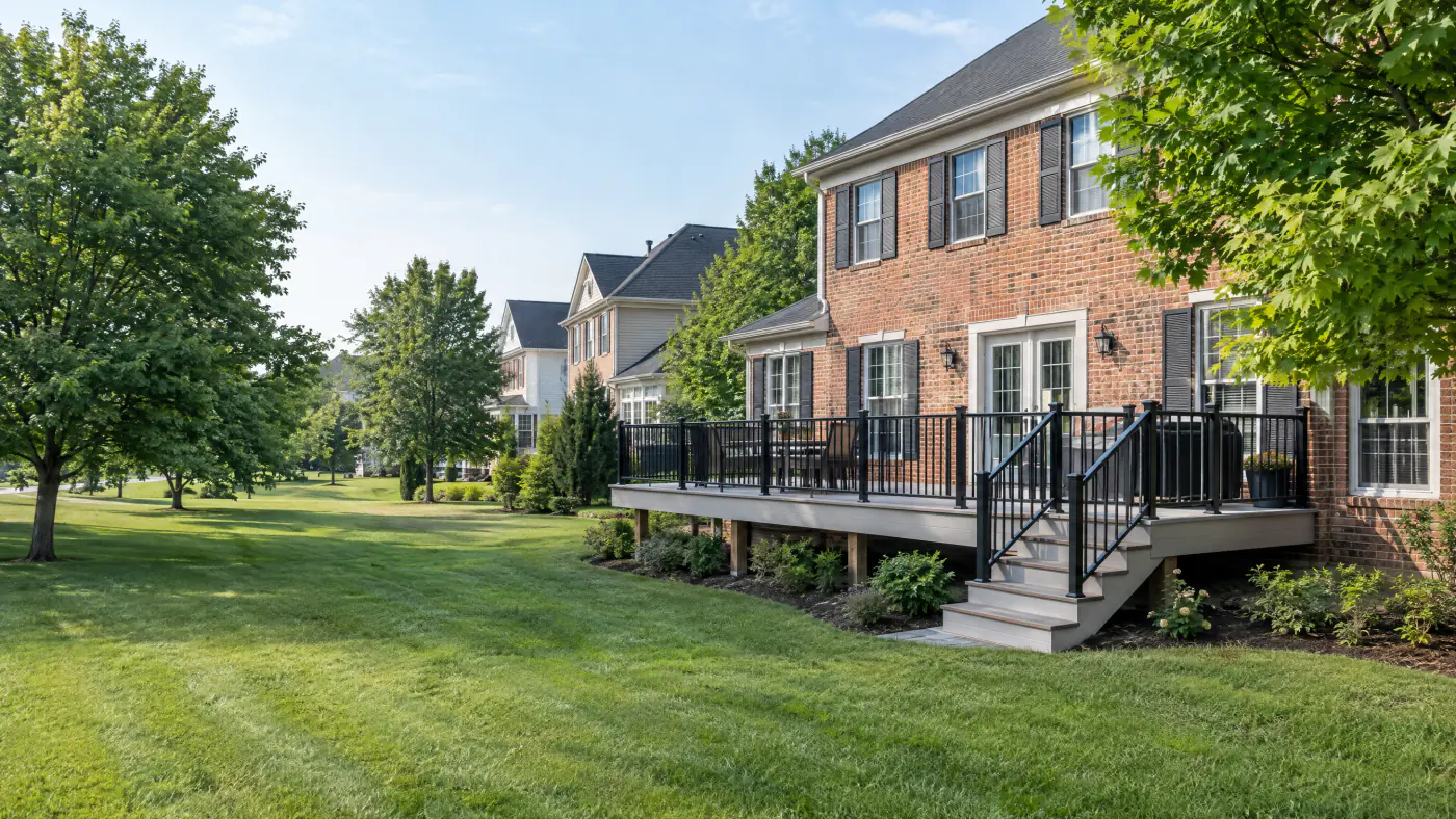 Composite deck with black aluminum railings on a brick-front colonial in a Northern Virginia planned community