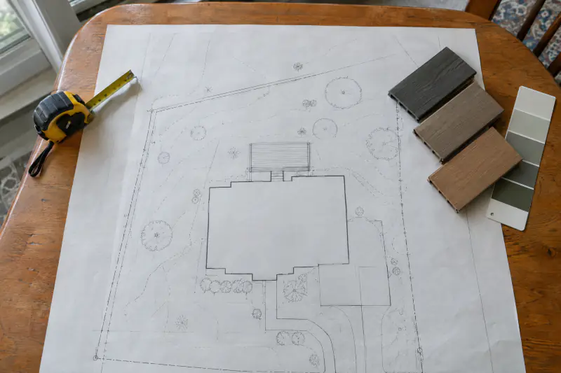 Site plat on a kitchen table with a proposed deck sketched in pencil beside color samples of composite decking