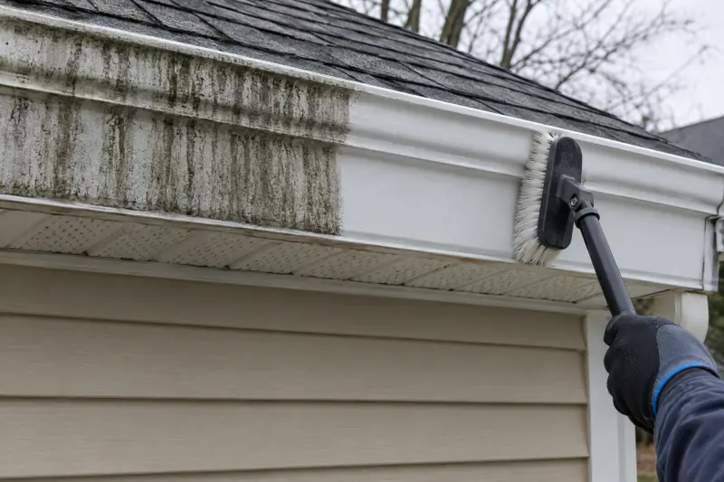 White aluminum gutter face with black vertical tiger stripes, half of it scrubbed clean and bright