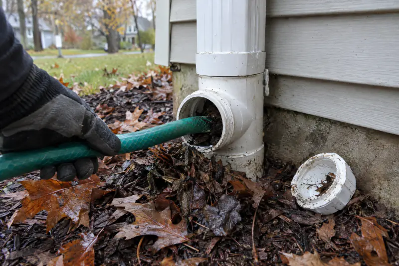 Garden hose running into a downspout cleanout at ground level beside a house foundation during a fall flush
