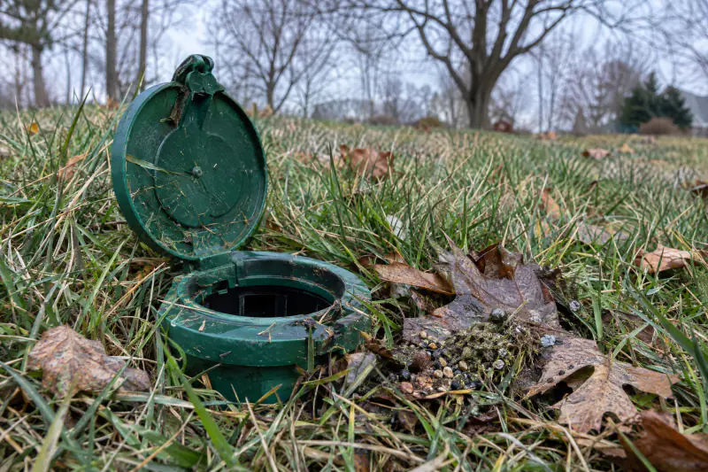 Pop-up drainage emitter lifted open in a lawn with leaf debris and grit cleared from around it