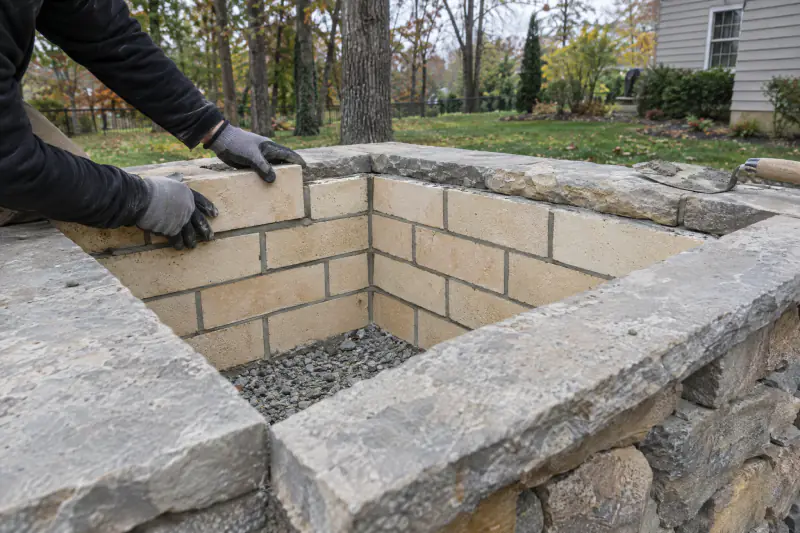 Firebrick lining being set with refractory mortar inside a square stone fire pit in a Northern Virginia yard
