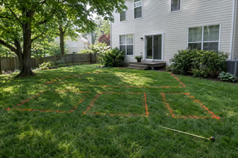 Paint lines on a tall fescue lawn marking the cooking, dining and lounge zones of a planned patio behind a Northern Virginia house