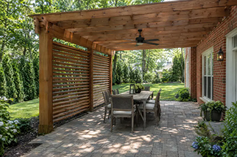 Cedar pergola with a louvered side screen shading a paver dining area beside a brick home in a Northern Virginia backyard