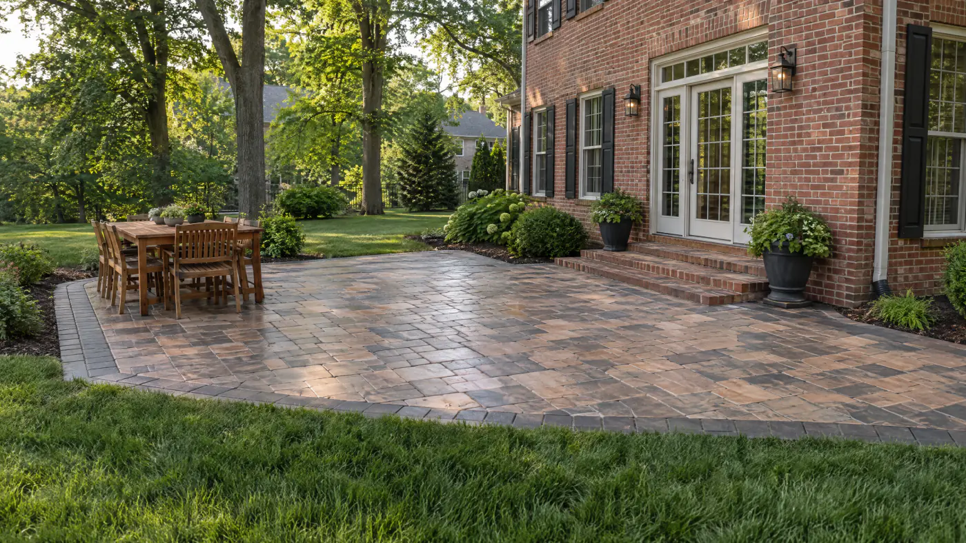 Cleaned and sealed tan concrete paver patio with crisp sand-filled joints behind a brick colonial on a late spring afternoon
