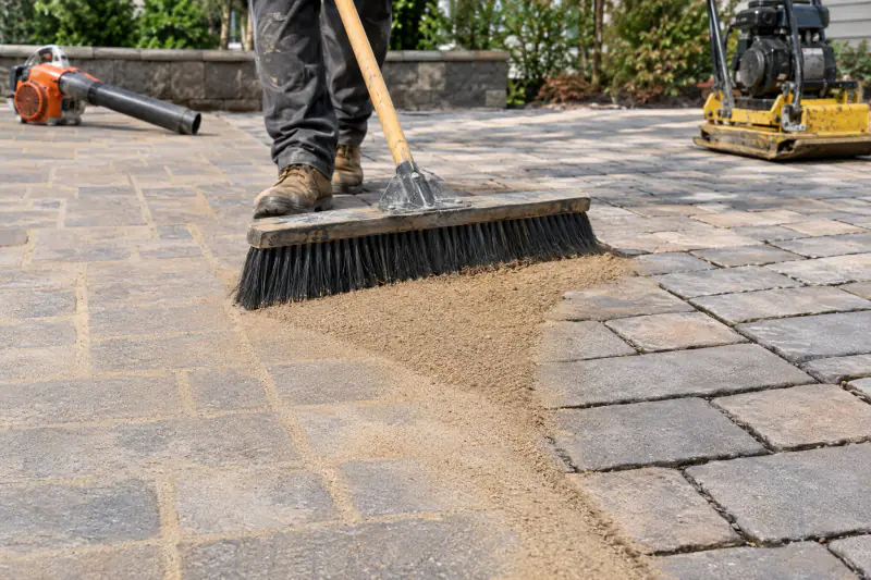 Push broom sweeping tan polymeric sand across dry gray pavers into open joints before activation