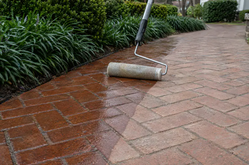 Roller applying clear sealer across pavers, the sealed half darker and richer than the dry unsealed half