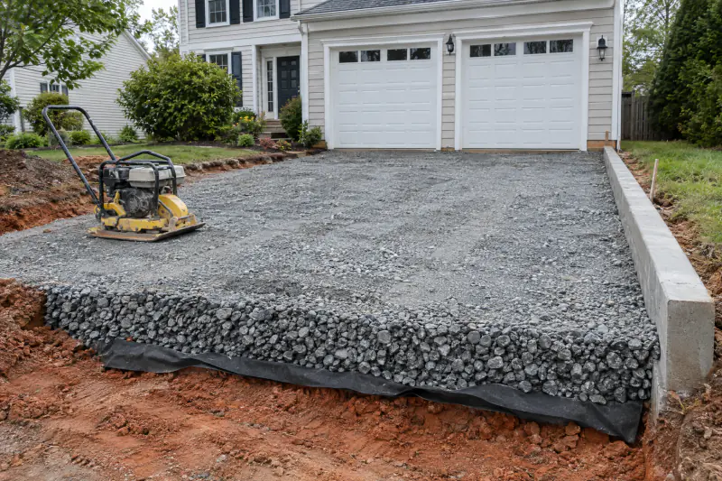 Excavated driveway showing deep compacted crushed stone base, geotextile and a formed concrete curb in a Northern Virginia yard