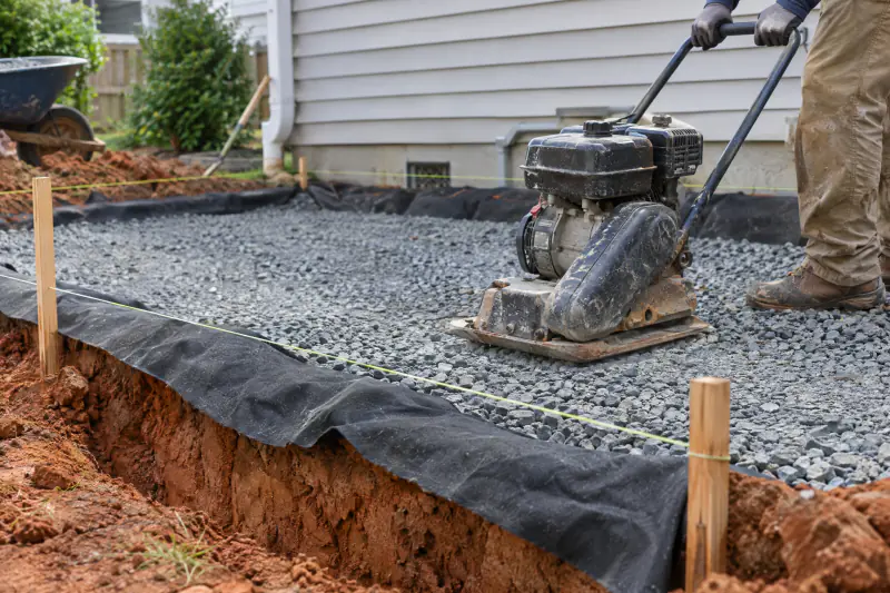 Excavated patio area showing reddish clay subgrade, geotextile fabric and compacted crushed stone base in a Northern Virginia yard
