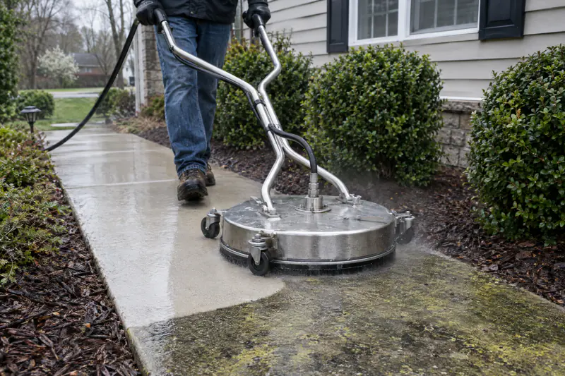 Rotating surface cleaner crossing a pollen-coated concrete front walk, leaving a clean even strip behind it