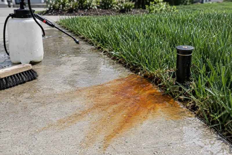Orange rust stain on a concrete walkway next to a lawn sprinkler head before stain treatment