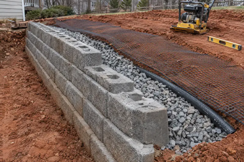 Retaining wall under construction showing clean drainage gravel, perforated pipe and a geogrid layer behind block courses