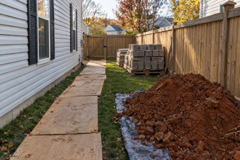 Narrow side yard between two Northern Virginia houses with a wheelbarrow path and a pile of excavated red clay